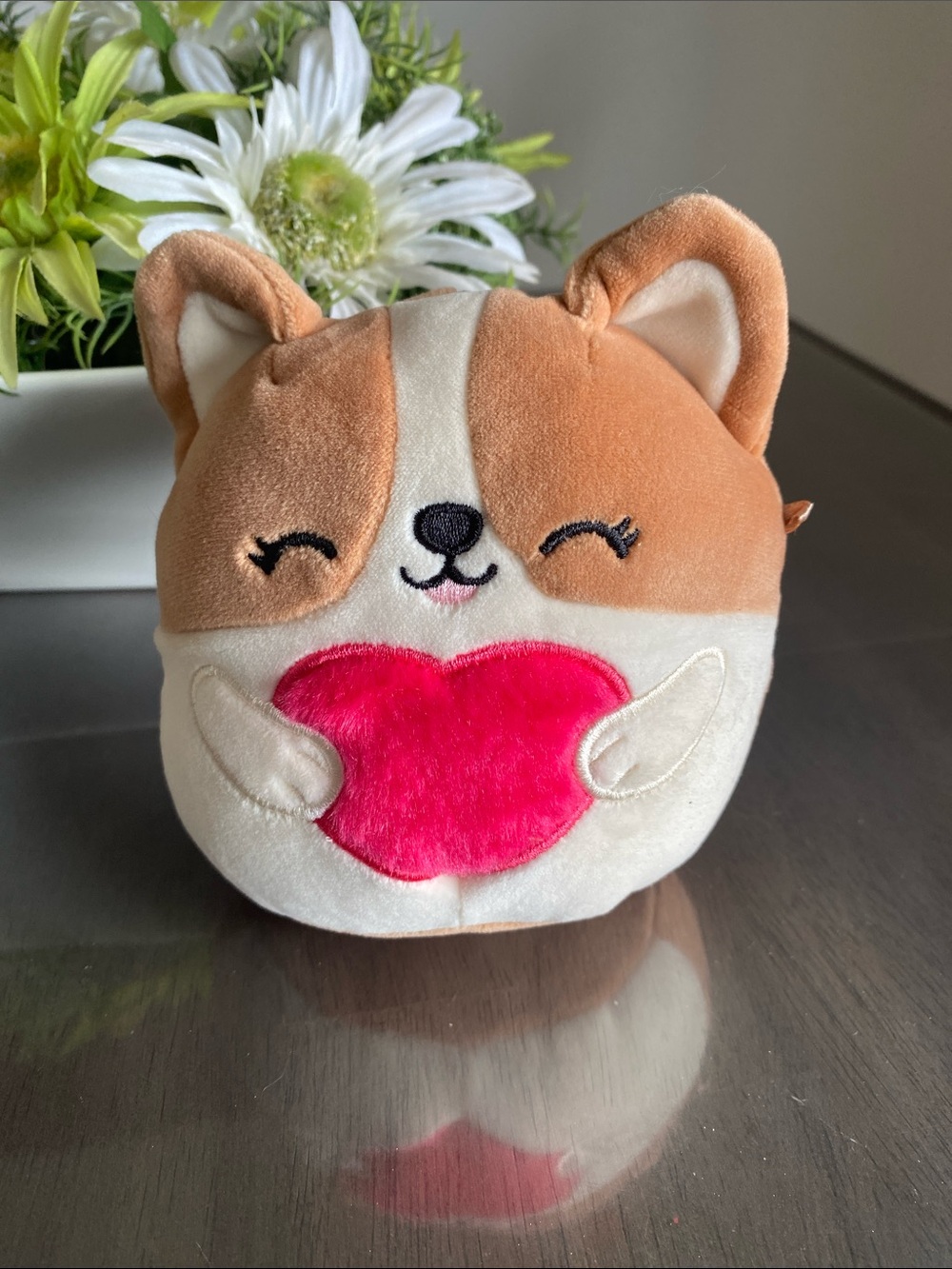 Squishmallows Regina the Corgi Pup Holding Hot Pink Heart plush